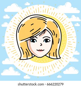 Woman face, human head. Vector character, beautiful blonde female portrait with stylish haircut.