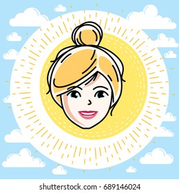 Woman face, human head. Vector character, beautiful blonde female with stylish haircut.