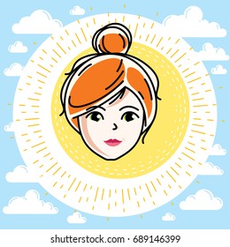 Woman face, human head. Vector character, beautiful red-haired female with stylish haircut.