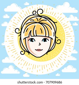 Woman face, human head. Vector character, beautiful blonde female portrait with stylish haircut.