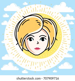 Woman face, human head. Vector character, beautiful blonde female portrait with stylish haircut.