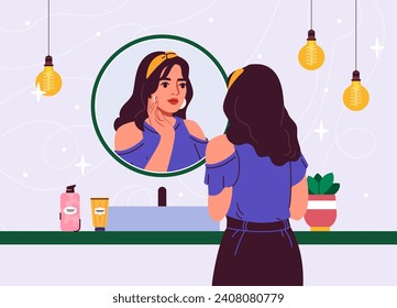 Woman with face hygiene concept. Young girl wash face and look at mirror. Beauty procedures and spa treatments. Person with cosmetics. Cartoon flat vector illustration isolated on blue background