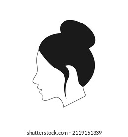 Woman face icon from side with tied hair on white background.