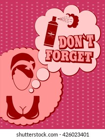 Woman face icon with thinking cloud. Do not forget message. Anti mosquito spray bottle icon