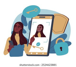 Woman with face ID. Young girl near smartphone screen. Biometric data and face recognition. Personal identification and authorization. Flat vector illustration isolated on white background