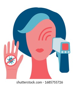 Woman face and Infrared thermometer showing measuring temperature. COVID-19 quarantine concept. Stop coronavirus. Flat vector illustration.