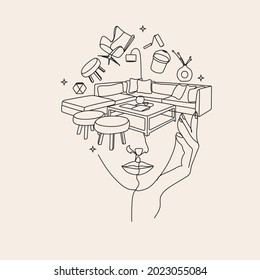 Woman face with interior objects. Surreal Line art female designer girl. Abstract face with home elements by  line drawing. Portrait minimalistic style. Designer logo