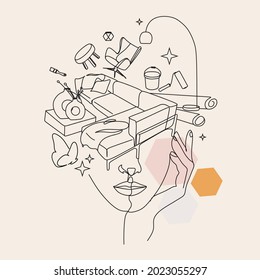 Woman face with interior objects. Surreal Line art female designer girl. Abstract face with home elements by  line drawing. Portrait minimalistic style. Designer logo