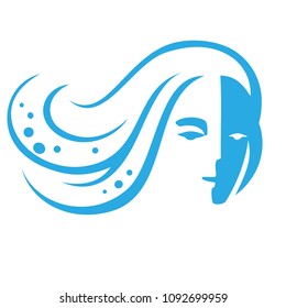 Woman face isolated on the white background vector, natural water graphic symbol. Young mysterious smiling woman. Drinking water logo. Element of water. Goddess of the seas. Mermaid face icon.