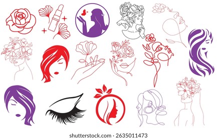 Woman Face with Leaf Icon Symbol Logo Inspiration. Female Face with Leaf Line Art Logo Design Concept Illustration. Woman Face Silhouette for Spa, Beauty, Skincare, Cosmetics Brand Identity.