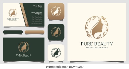 woman face with leaf style stylized silhouette, beauty salon logo template
