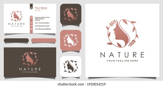 woman face with leaf style stylized silhouette, beauty salon logo, business card design.