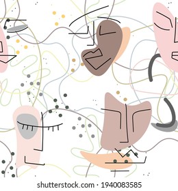 Woman Face line. Abstract drawing seamless pattern. Vector Modern minimal art. Graphics contour background. Continuous one line drawing. Linear design woman and man faces. Beauty modern print.