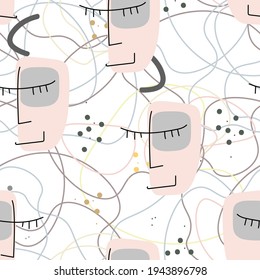 Woman Face line. Abstract drawing seamless pattern. Vector Modern minimal art. Graphics contour background. Continuous one line drawing. Linear design woman and man faces. Beauty modern print.