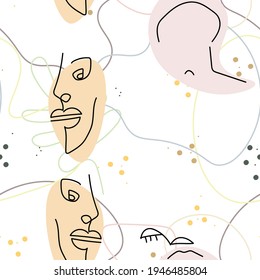 Woman Face line. Abstract drawing seamless pattern. Vector Modern minimal art. Graphics contour background. Continuous one line drawing. Linear design woman and man faces. Beauty modern print.