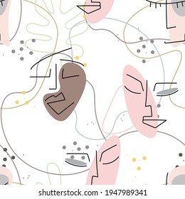 Woman Face line. Abstract drawing seamless pattern. Vector Modern minimal art. Graphics contour background. Continuous one line drawing. Linear design woman and man faces. Beauty modern print.