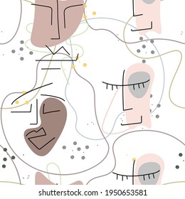 Woman Face line. Abstract drawing seamless pattern. Vector Modern minimal art. Graphics contour background. Continuous one line drawing. Linear design woman and man faces. Beauty modern print.