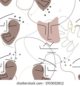 Woman Face line. Abstract drawing seamless pattern. Vector Modern minimal art. Graphics contour background. Continuous one line drawing. Linear design woman and man faces. Beauty modern print.