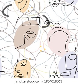 Woman Face line. Abstract drawing seamless pattern. Vector Modern minimal art. Graphics contour background. Continuous one line drawing. Linear design woman and man faces. Beauty modern print.
