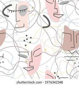 Woman Face line. Abstract drawing seamless pattern. Vector Modern minimal art. Graphics contour background. Continuous one line drawing. Linear design woman and man faces. Beauty modern print.