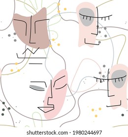 Woman Face line. Abstract drawing seamless pattern. Vector Modern minimal art. Graphics contour background. Continuous one line drawing. Linear design woman and man faces. Beauty modern print.