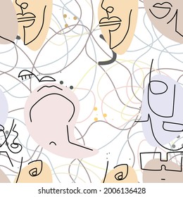 Woman Face line. Abstract drawing seamless pattern. Vector Modern minimal art. Graphics contour background. Continuous one line drawing. Linear design woman and man faces. Beauty modern print.
