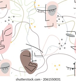 Woman Face line. Abstract drawing seamless pattern. Vector Modern minimal art. Graphics contour background. Continuous one line drawing. Linear design woman and man faces. Beauty modern print.