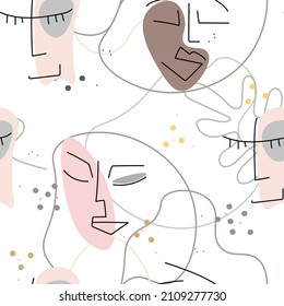 Woman Face line. Abstract drawing seamless pattern. Vector Modern minimal art. Graphics contour background. Continuous one line drawing. Linear design woman and man faces. Beauty modern print.