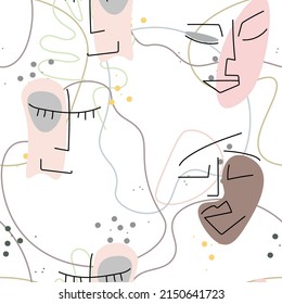 Woman Face line. Abstract drawing seamless pattern. Vector Modern minimal art. Graphics contour background. Continuous one line drawing. Linear design woman and man faces. Beauty modern print.