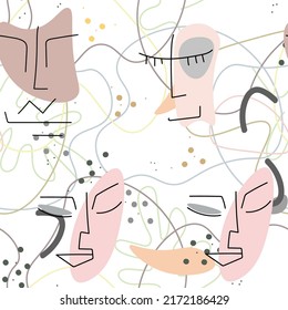 Woman Face line. Abstract drawing seamless pattern. Vector Modern minimal art. Graphics contour background. Continuous one line drawing. Linear design woman and man faces. Beauty modern print.