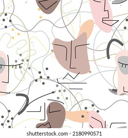 Woman Face line. Abstract drawing seamless pattern. Vector Modern minimal art. Graphics contour background. Continuous one line drawing. Linear design woman and man faces. Beauty modern print.