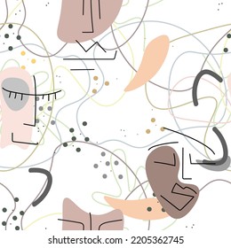 Woman Face line. Abstract drawing seamless pattern. Vector Modern minimal art. Graphics contour background. Continuous one line drawing. Linear design woman and man faces. Beauty modern print.