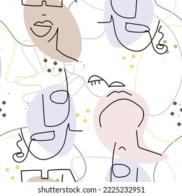 Woman Face line. Abstract drawing seamless pattern. Vector Modern minimal art. Graphics contour background. Continuous one line drawing. Linear design woman and man faces. Beauty modern print.