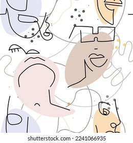 Woman Face line. Abstract drawing seamless pattern. Vector Modern minimal art. Graphics contour background. Continuous one line drawing. Linear design woman and man faces. Beauty modern print.