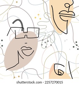 Woman Face line. Abstract drawing seamless pattern. Vector Modern minimal art. Graphics contour background. Continuous one line drawing. Linear design woman and man faces. Beauty modern print.