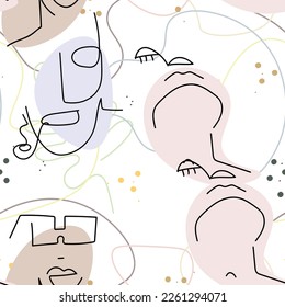 Woman Face line. Abstract drawing seamless pattern. Vector Modern minimal art. Graphics contour background. Continuous one line drawing. Linear design woman and man faces. Beauty modern print.