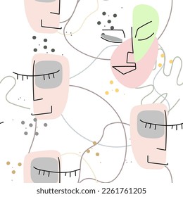 Woman Face line. Abstract drawing seamless pattern. Vector Modern minimal art. Graphics contour background. Continuous one line drawing. Linear design woman and man faces. Beauty modern print.