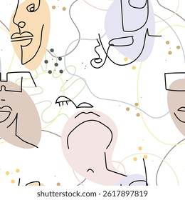 Woman Face line. Abstract drawing seamless pattern. Vector Modern minimal art. Graphics contour background. Continuous one line drawing. Linear design woman and man faces. Beauty modern print.