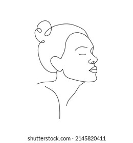 Woman face line art. Abstract minimal female portrait. Hand drawn outline female silhouette. Vector illustration in one line style.