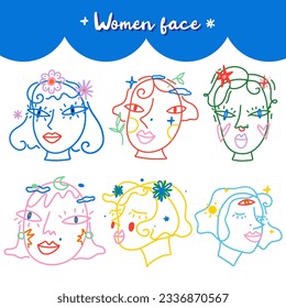 Woman face Line Art Minimalist colorful style - vector on white background.
