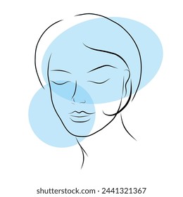 Woman face line art in pastel blue shades. Minimalistic style. Vector hand drawn beauty fashion illustration for poster, logo, cosmetics or makeup design and t-shirt prints.