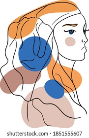 Woman face line drawing. The girl in a turban. Abstract minimal woman colorful portrait. Logo, icon, label. Trendy Style