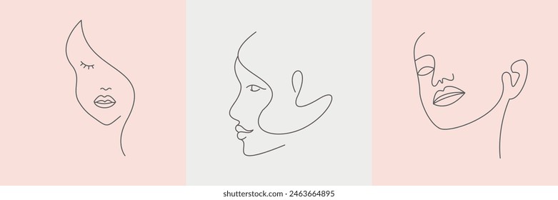 Woman face line drawing. Hand drawn minimalist art illustration. Vector set EPS 10