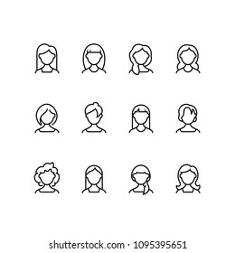 Woman face line icons. Female profile outline symbols with different hairstyles. Womans portrait vector pictograms isolated. Girl outline, female character portrait user illustration