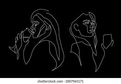 Woman face line style drawing. Design for t-shirt, printing, background, abstract art. Woman set with wine on black background isolated.