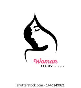 Woman face logo design. Vector illustration. Girl profile silhouette for cosmetics, beauty, health and spa, fashion themes. Creative black female icon with close eyes isolated on white.