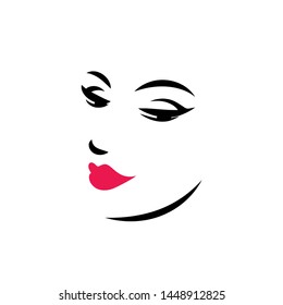 Woman face logo design. Vector illustration. Girl silhouette for cosmetics, beauty, health and spa, fashion themes. Creative female icon with pink lips.