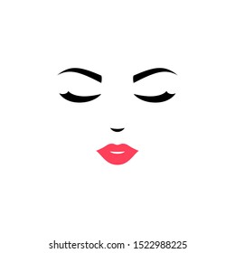 Woman face logo design. Vector illustration. Girl silhouette for cosmetics, beauty, health and spa, fashion themes. Creative female icon with close eyes and pink lips.