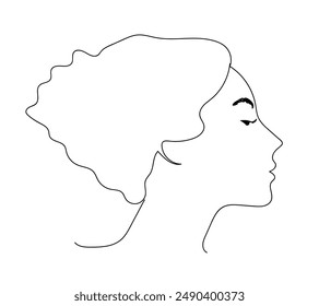 Woman face logo design. Vector illustration. Girl silhouette for cosmetics, beauty, health and spa, fashion themes. Creative female icon with curl hair.