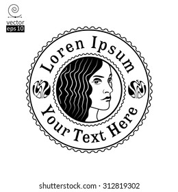 Woman face logo emblem template for business or t-shirt design. Art Deco Vector Design Element.